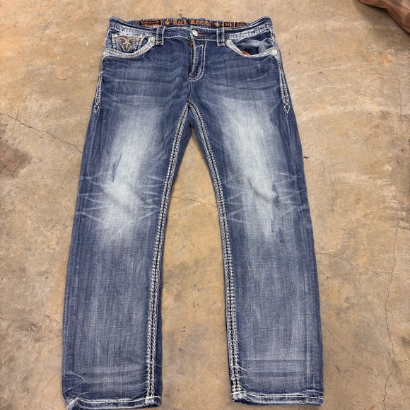 Rock Revival Berko Straight Leg Jeans Mens 38 Thick Stitch Distressed Y2K